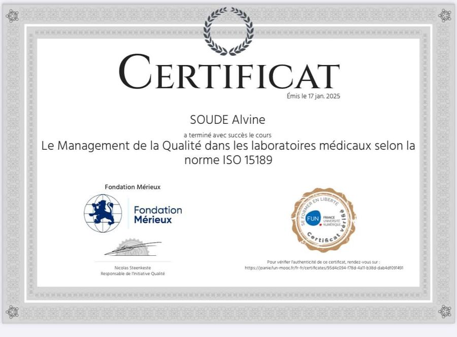 Certificat officiel IPT Aristide MAMA